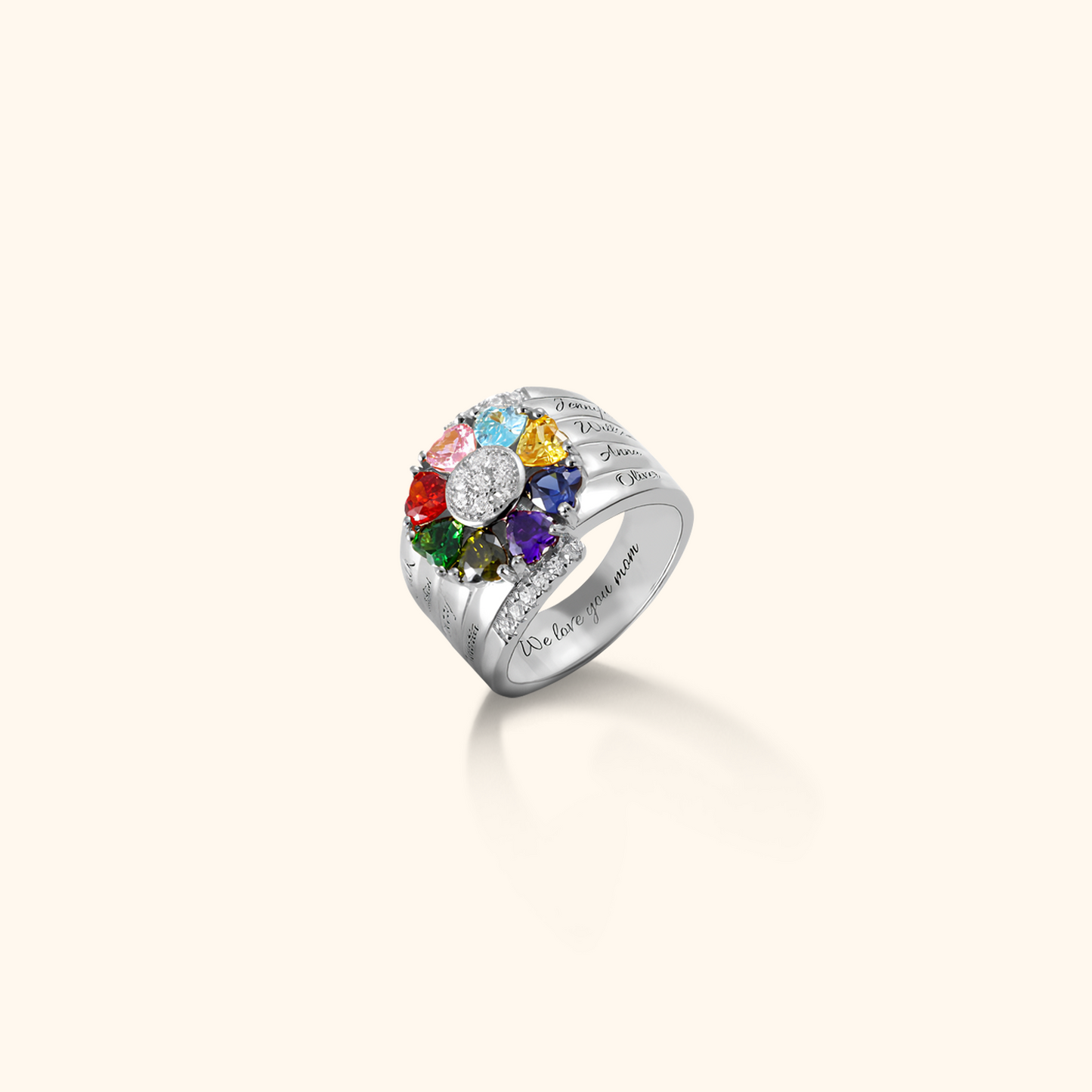 Personalised Silver Birthstone Family Ring