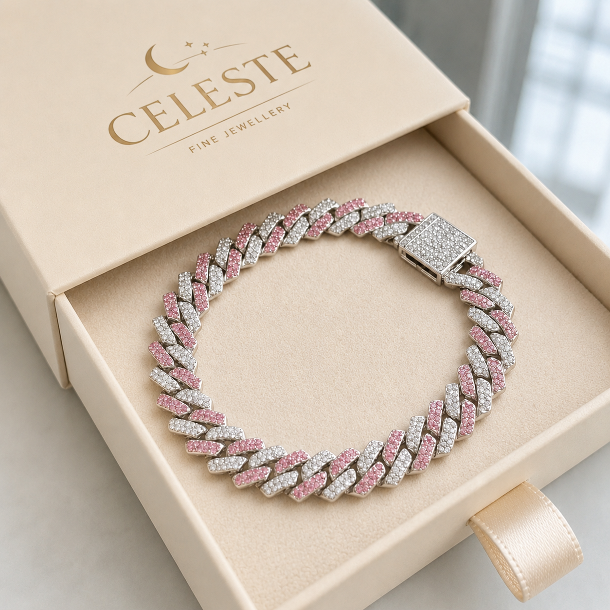 Pink Shimmer Cuban Bracelet | White Gold