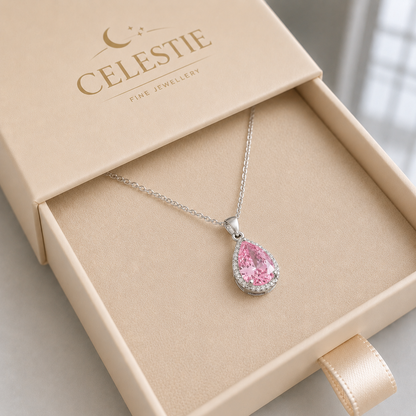 Pink Teardrop Necklace | White Gold
