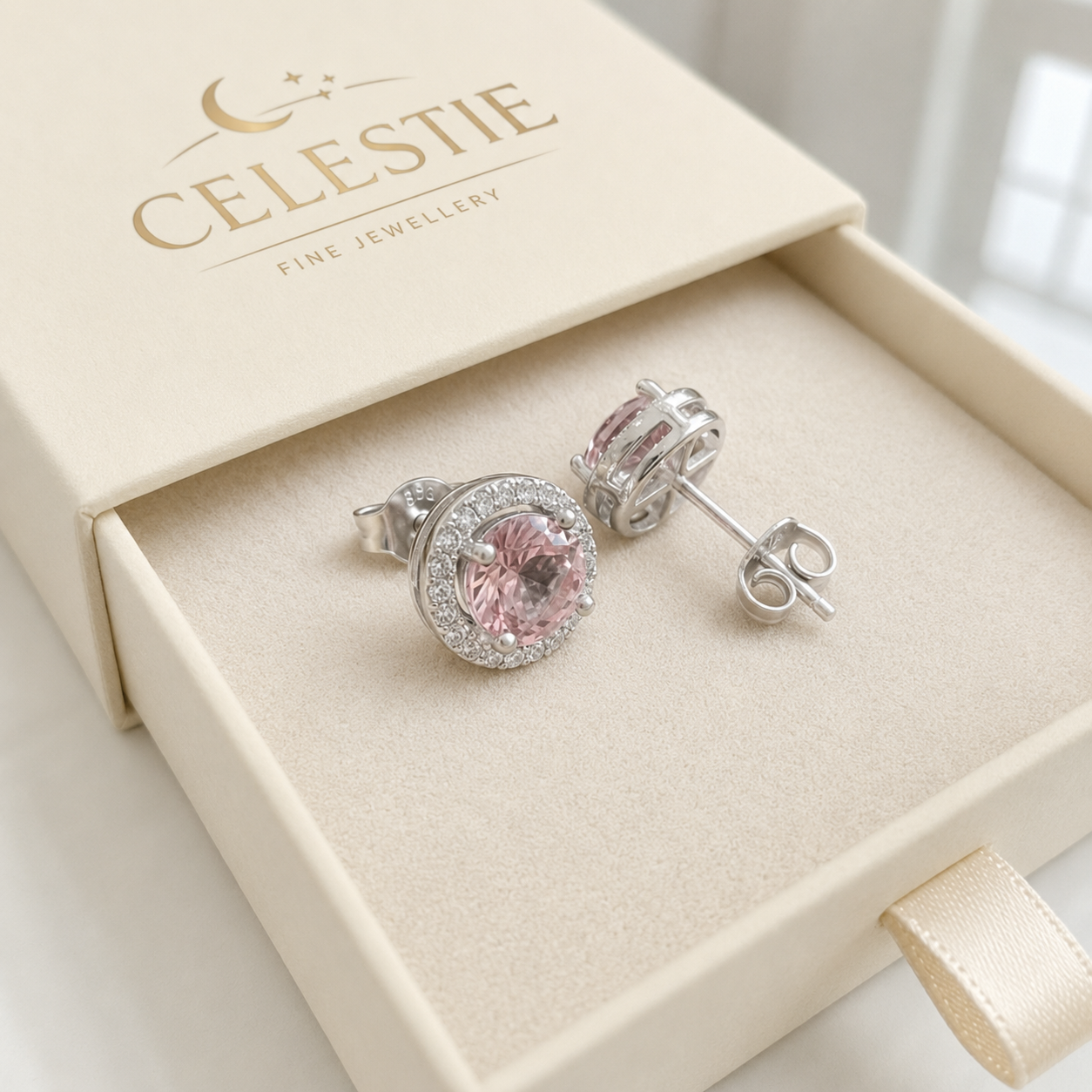 Pink Round Pave Studs | White Gold