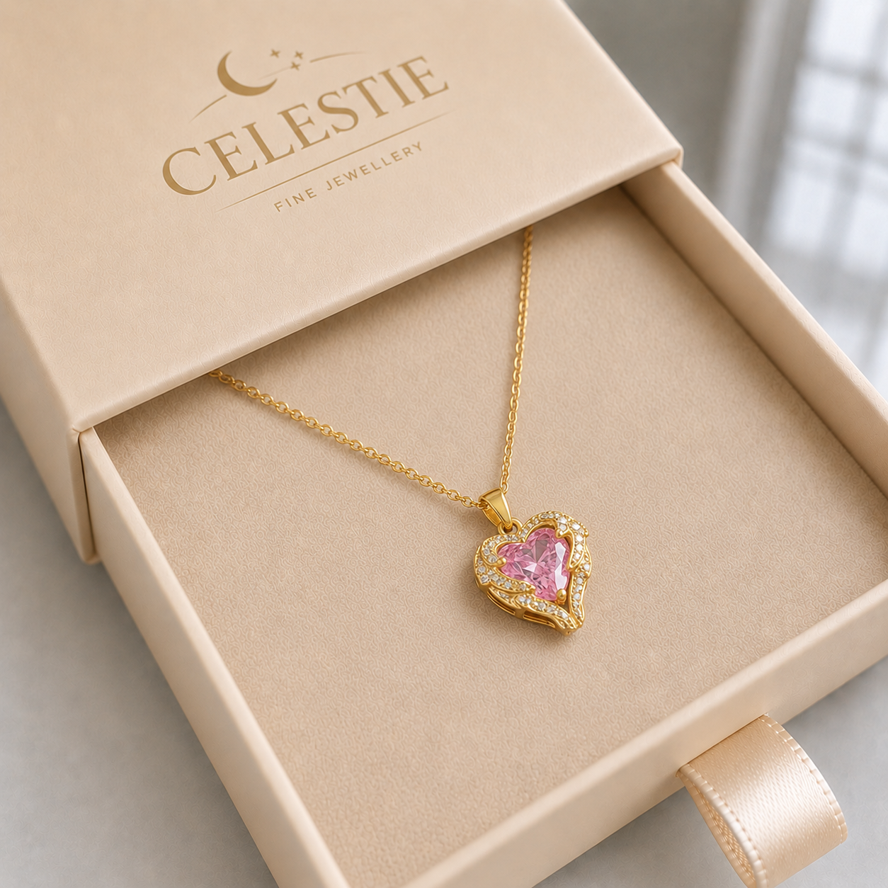 Angel Embrace Pink Heart Necklace | Gold