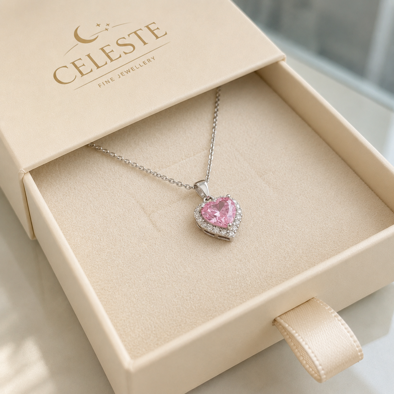 Pink Heart Radiance Necklace | White Gold
