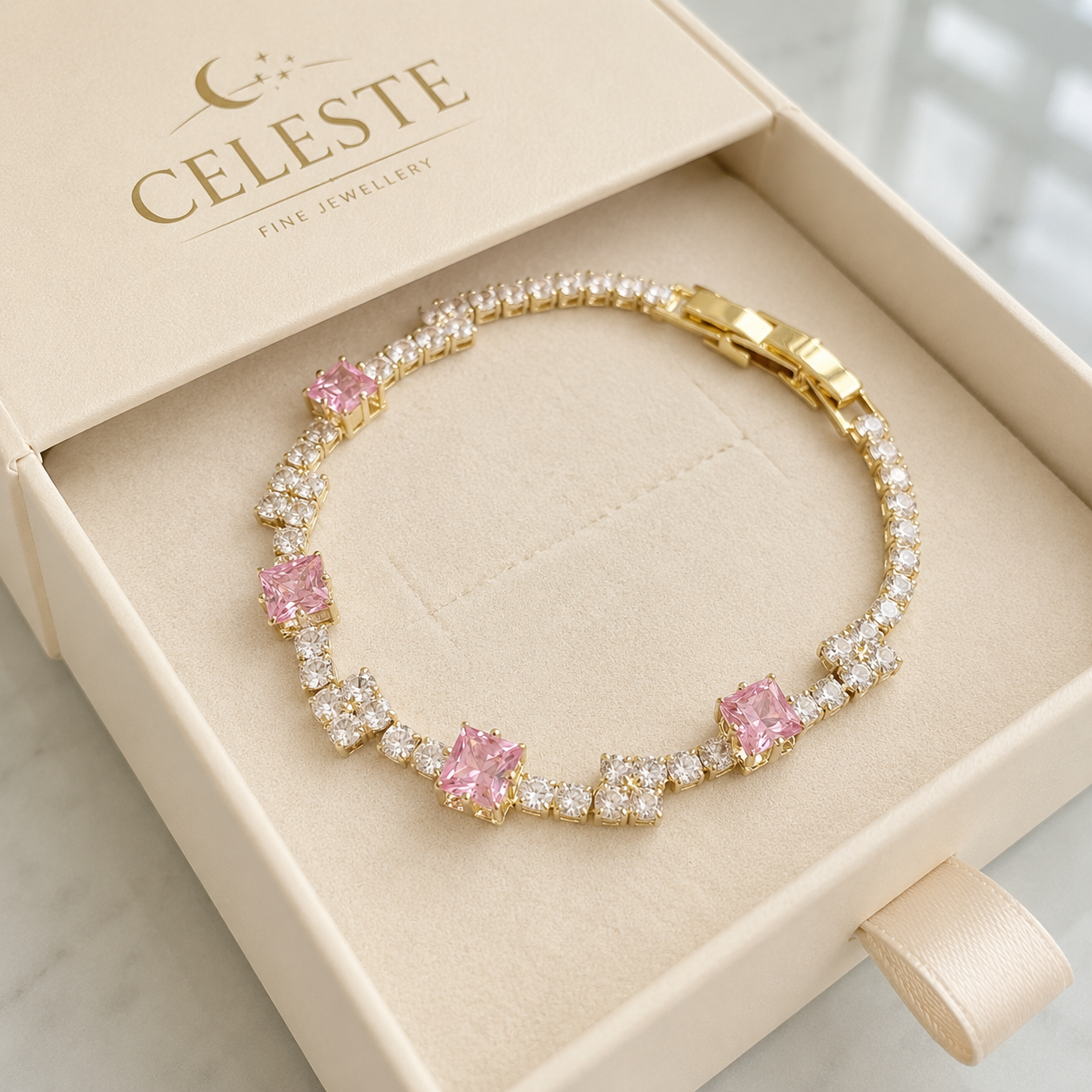 Blush Squares Tennis Bracelet | Gold