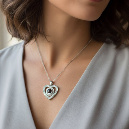 Engraved Pave Photo Heart Necklace