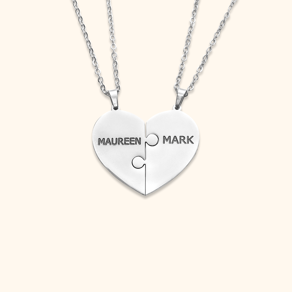 Personalised heart puzzle necklace with engraved names