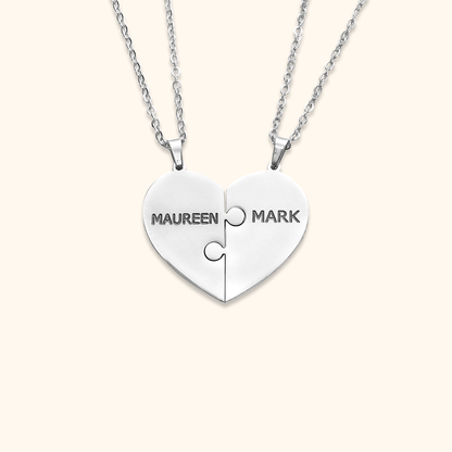 Personalised heart puzzle necklace with engraved names