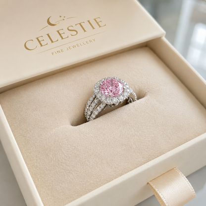 Blush Empress Halo Ring in Celestie box